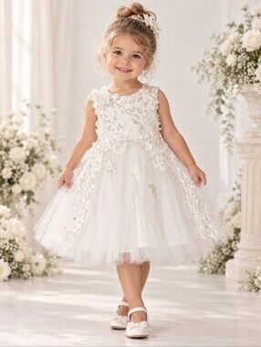 NWT Blue Jasmine White 3D Floral Pearl Beaded Tulle Princess Flower Girl Dress 2